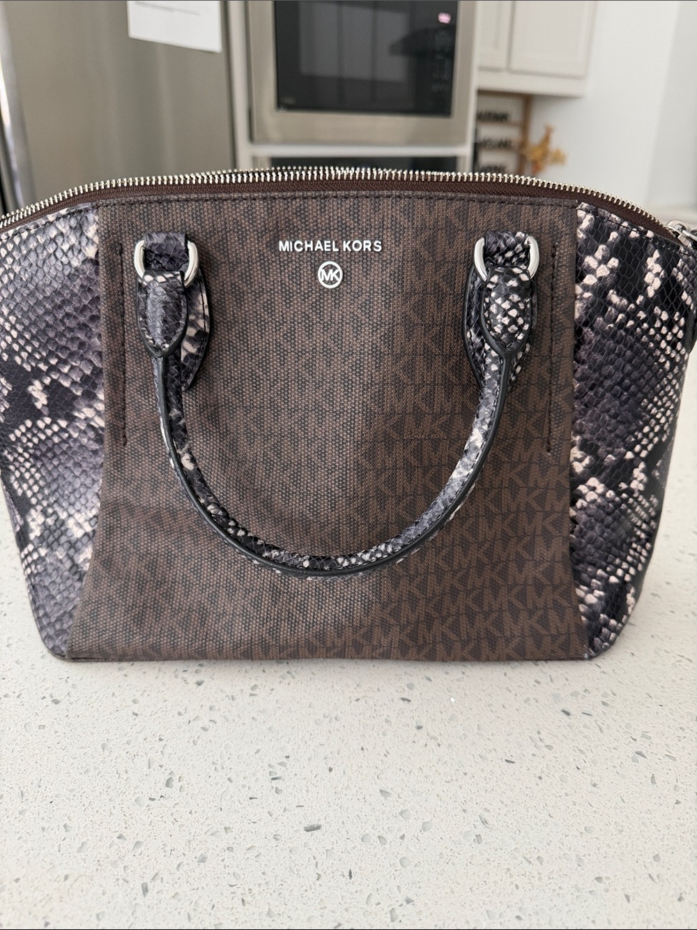 Michael Kors Brown Monogram Satchel with Black Snake-Print Trim